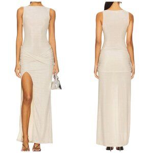 Superdown Metallic Ruched Maxi Dress High Slit Revolve Sample M